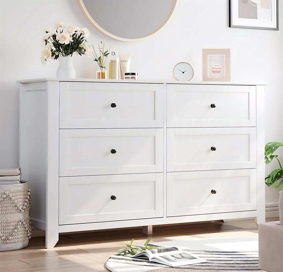 IDEALHOUSE 6 Chest of Drawer Dresser, Modern Wood Organizer Storage Cabinet with Drawers for Bedroom, Living Room, Entryway, White