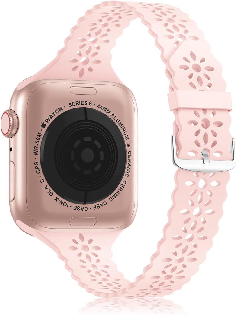 YAXIN Lace Silicone Band Compatible with Apple Watch Band 38mm 40mm 42mm 44mm Women, Slim Narrow Thin Hollowed-out Scalloped Sport Band Replacement Strap for iWatch Series 6 5 4 3 2 1 SE, Sand Pink
