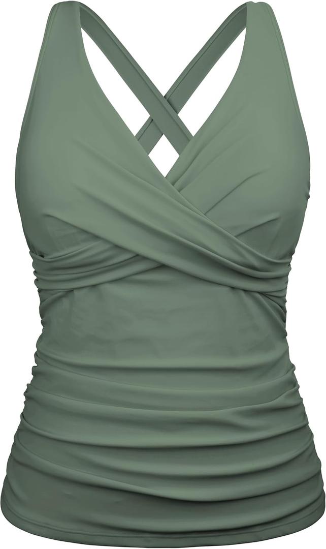 Firpearl Women Underwire Tankini Top Only Twist V Neck Swimsuits for Big Busted Ruched Tummy Control Bathing Suits Top