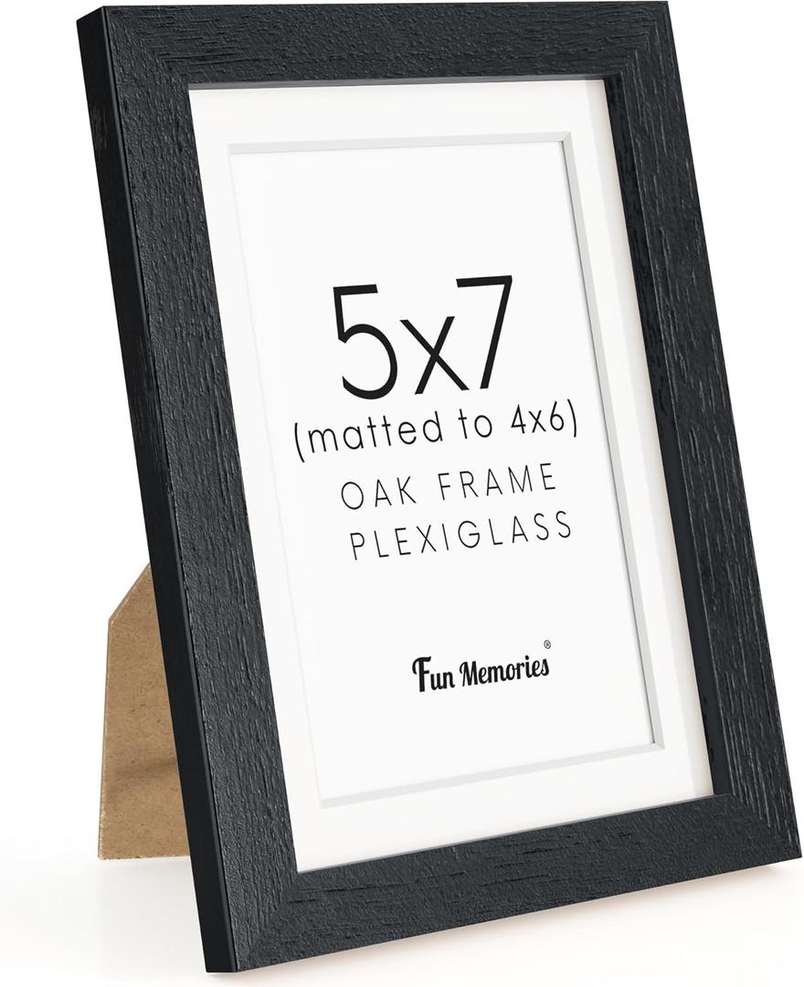 Fun Memories 5x7 Picture Frame in Black, Solid Oak Wood 5 x 7 Photo Frames for Wall & Tabletop Display, 5x7 Frame with Mat for 4x6, Rustic Wood Picture Frames with Plexiglass, 1 Pack