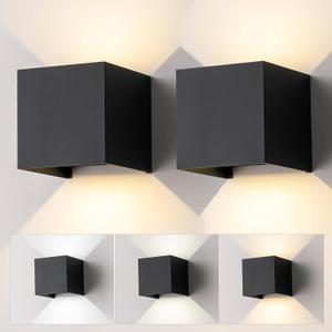 2 Pack LED Outdoor Wall Sconces Exterior/Interior,Modern Black Square Aluminum Wall Light Fixture Set,Variable Beam IP65 Waterproof Lights.15W 3-Color-Changeable Up and Down Outdoor Lighting Fixtures.