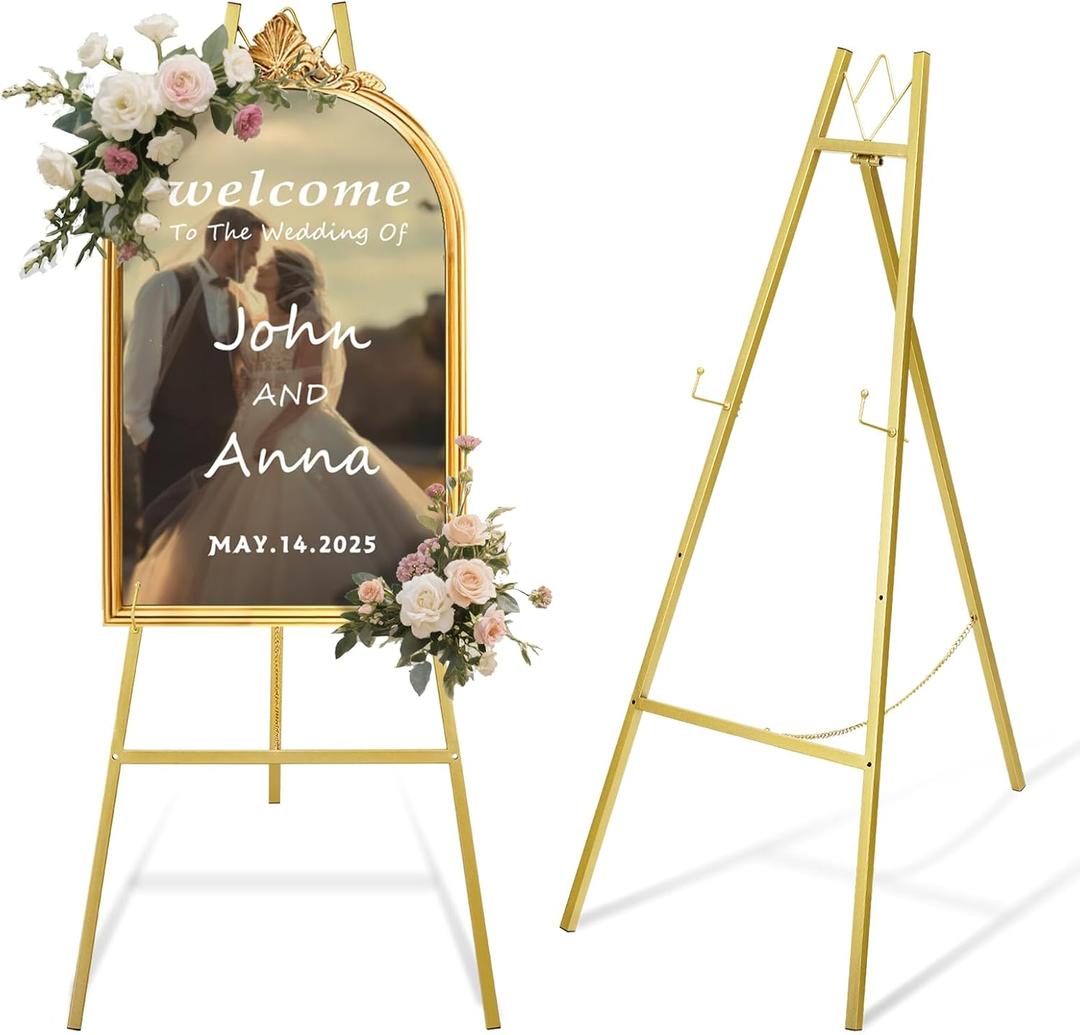 WATIHERE 57.5" Gold Easel Stand for Wedding Sign  4 Adjustable Height Levels, Assembly Required, Heavy Duty Metal Display Stand for Art, Paintings, Posters, Pictures, and Home Dcor