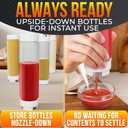 Set of 6 Inverted Condiment Squeeze Bottles 16 oz Upgraded Design with Added Sealing Gaskets, Self-Closing Valve, Easy-to-Fill Clear Bottles for Sauces, Dressings, Ketchup, Mustard for Everyday Use