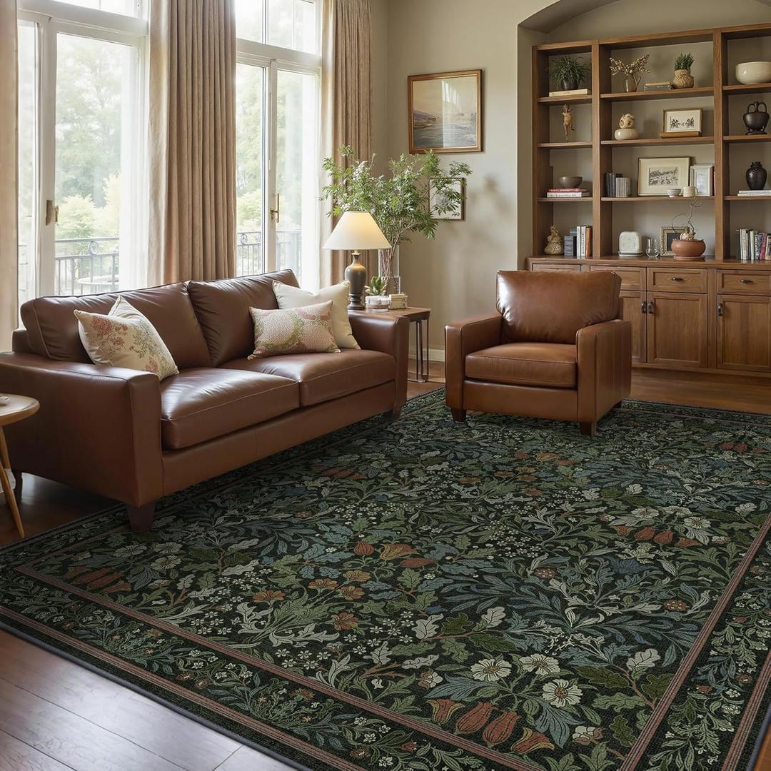 Bavni Floral Dark Green Area Rugs 8x10, Vintage Boho Carpet Machine Washable, Non Slip Soft Low Pile Thin Rug for Bedroom, Living Room, Dining Room, Nursery