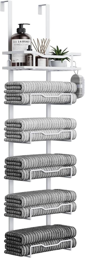 Hanging Towel Racks for Bathroom No Drill - Over The Door 6-Tier Bath Towel Storage Organizer for Small Bathrooms - Back Door Large Tiered Towel Holder Hanger for Rolled Towels RV Camper White