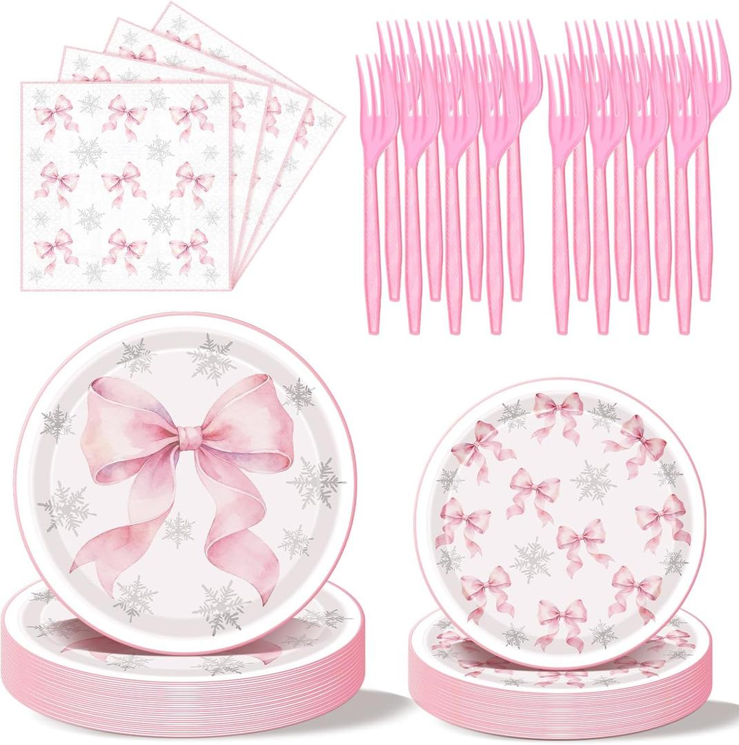 Havawish 96 Pcs Pink Bow Snowflake Paper Plates Winter Wonderland Plates and Napkins It's Cold Outside Winter Coquette Table Decoration Birthday Party Set for 24 Guests Pink Party Supply