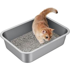 Stainless Steel Litter Box - Metal Small Cat Kitty Litter Box Pan, Indoor Low Entry Litterbox Tray, Odor-Free, Non-Stick, Easy Cleaning Pet Toilet Supplies for Kitten, Rabbit, Dog