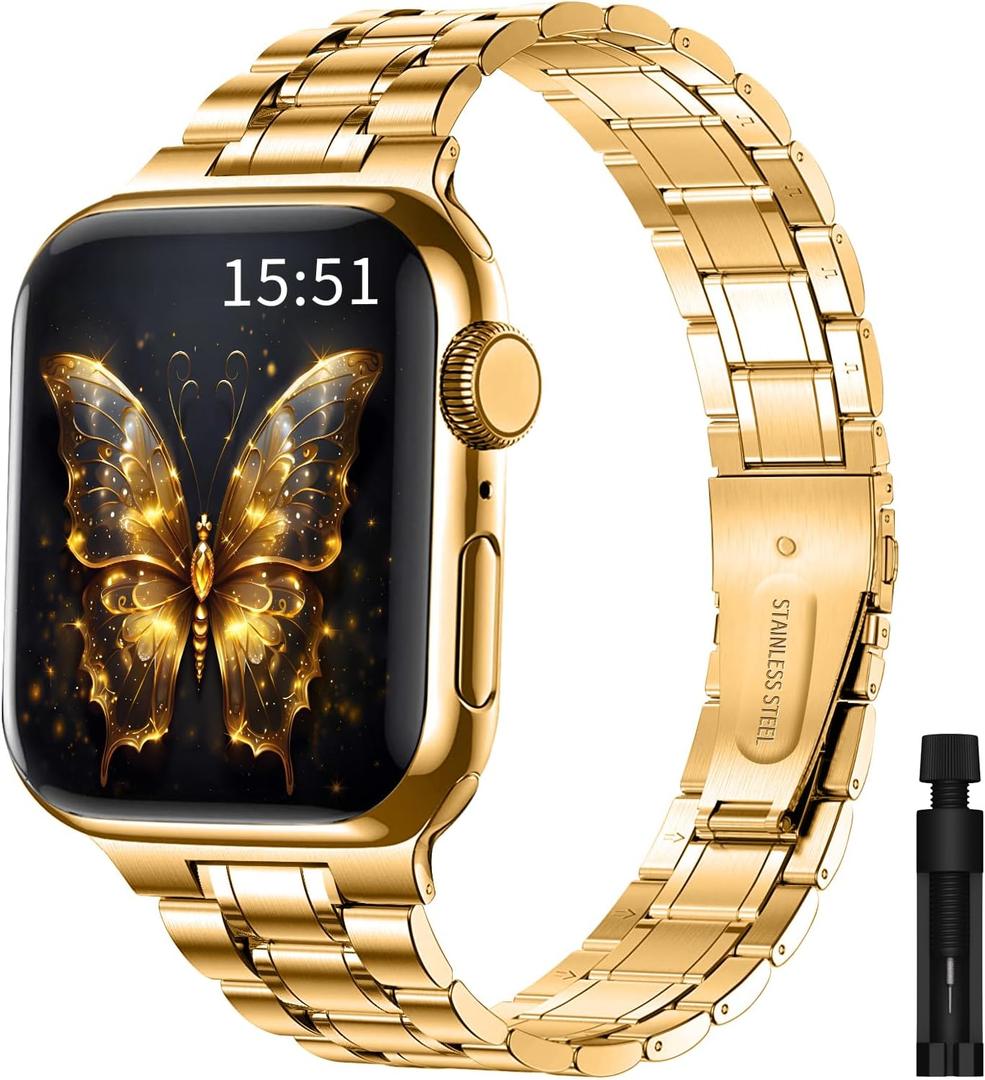 Metal Band Compatible with iWatch 42mm(Series10) 38mm 40mm 41mm, Stainless Steel Bands for iWatch Series 9 8 7 6 5 4 3 2 1 SE Women (Gold)