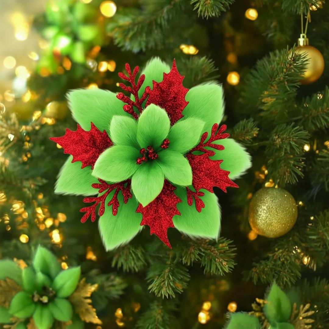 Zeyune 15 Pack Green Poinsettia Flowers Glitter Artificial Christmas Poinsettia Decor 5.5'' Plush Flowers Picks with Clips and Stems DIY for Xmas Tree Wreath Holiday Home Party Decor(Green Red)