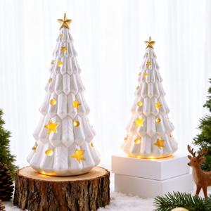 Wowagoga 2 Pcs White Christmas Tree Figurines, Small Xmas Tree with Glossy Finish Table Centerpiece Decor Stars and Dots Cutouts for Home Decoration