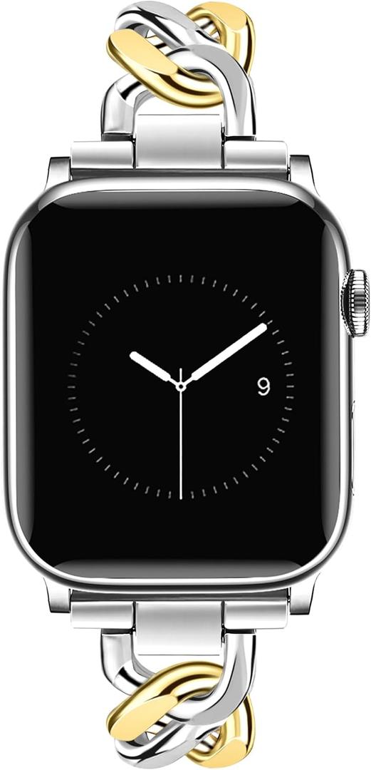 JR.DM Silver Gold Watch Bands for Women Compatible with Apple Watch 38mm 40mm 41mm 42mm(S10/11) Adjustable Metal Cowboy Single Chain Bracelet for iWatch Series 11/10/9/8/7/6/5/4 SE 3/2/1(No Case)