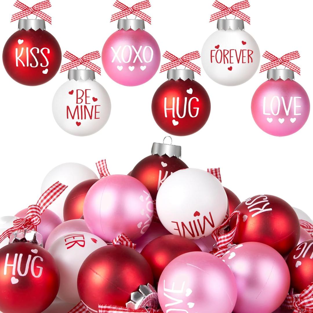 24Pcs Valentines Day Ball Ornaments, 2.36Inch Red Pink White Hanging Balls for Tree, Letter Hanging Baubles Valentine's Day Party Supplies for Wedding Home Anniversary Decor