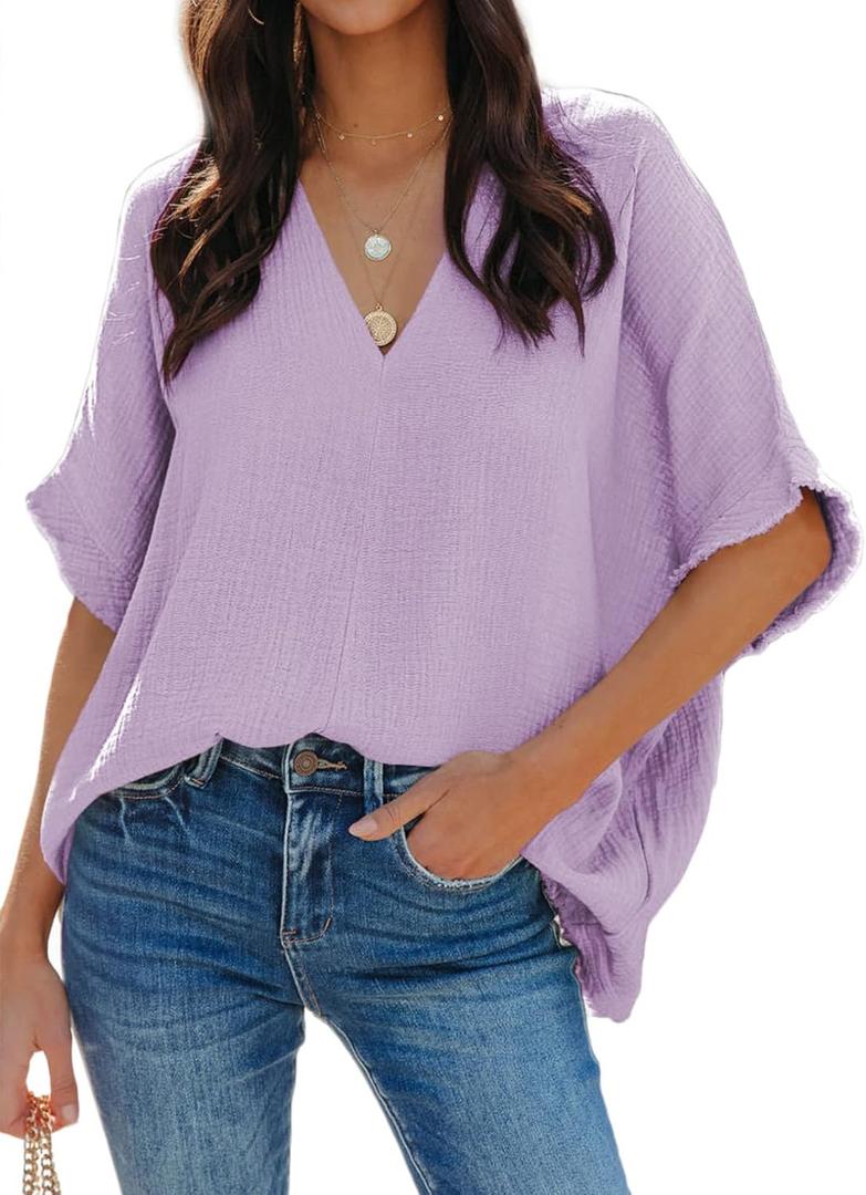 Dokotoo Casual Womens Short Sleeve V Neck Shirts Oversized Solid Blouses Tops (Purple, S)