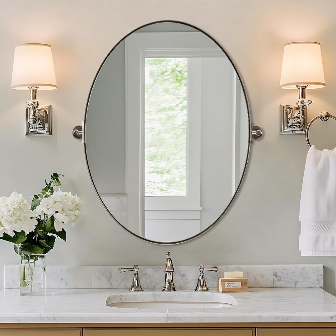 ANDY STAR Oval Bathroom Mirror, 24" x 32" Chrome Stainless Steel Metal Frame Vanity Mirror for Over Sink with Adjustable Tilting Design, Pivoting Mirror for Modern Wall Decor