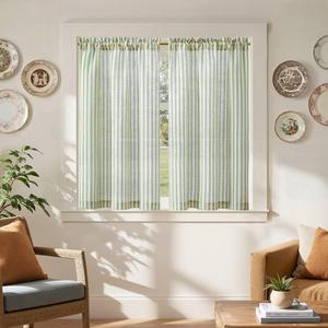 jinchan Striped Linen Kitchen Curtains 45 Inches Length Tier Curtains Farmhouse Modern Cafe Style Small Window Treatments Airy Light Filtering Rod Pocket for Living Room Bathroom 2 Panels Sage Green