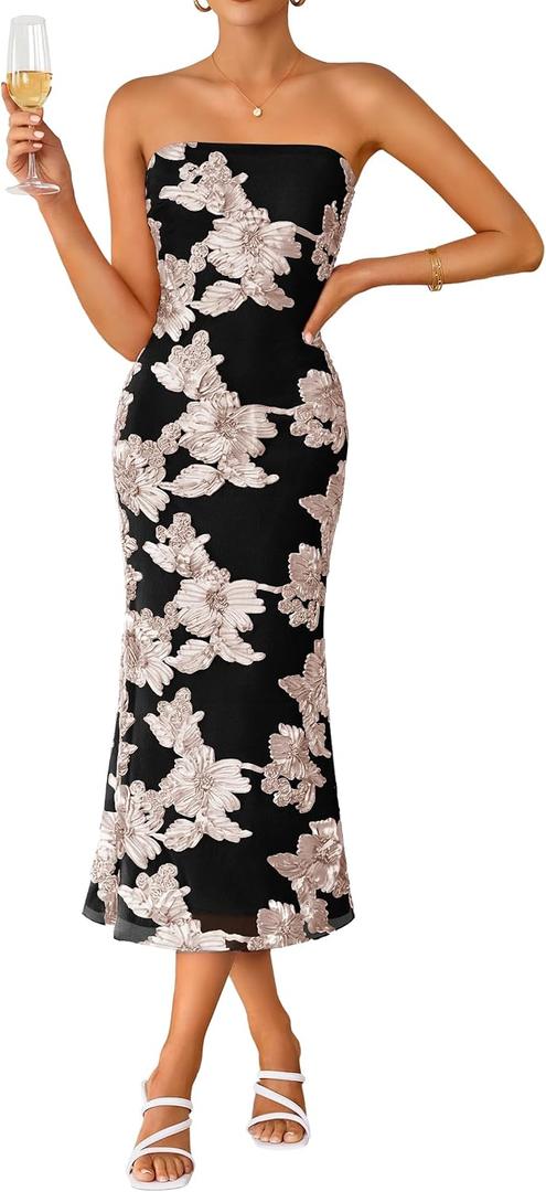 ZESICA Cocktail Wedding Guest Dresses for Women 2026 Summer Strapless Floral Bodycon Mesh Tube Formal Party Midi Dress, M
