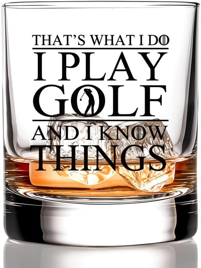 RZHV Thats What I Do I Play Golf And I Know Things Old Fashioned Whiskey Glass, Funny Father's Day Anniversary Birthday Gift for Men Husband Dad Uncle Grandpa Friends Coworkers Golf Lover (Black)