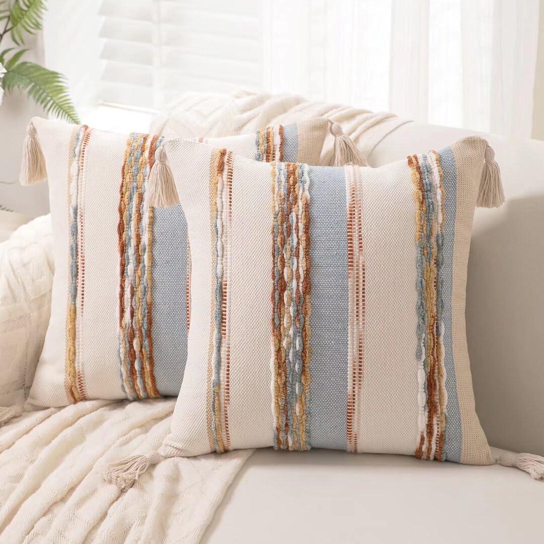 Boho Throw Pillow Covers 18x18 Set of 2 Woven Tufted Farmhouse Pillows Cover with Tassels Textured Striped Cushion Case Neutral Pillow Cases Decorative Pillowcase for Sofa Couch,Light Blue
