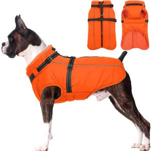 Lelepet Dog Winter Coat Waterproof Dog Jacket with Harness Built in Windproof Reflective Pet Coats for Small Medium Large Dogs, Thermal Fleece Lined Coats for Cold Weather Walking Hiking, Orange, M