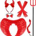 Hillban 6 Pcs Halloween Red Demon Costume for Women Set Include Sequin Red Horns Headband Tail Bowtie Wings Long Gloves Fork Demon Costume for Women Girls Men Kids Accessories Cosplay