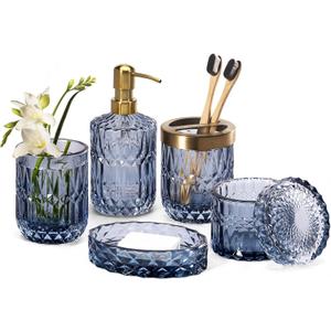 EMPO 6PCS Bathroom Clear Glass Accessories Set (Lotion Soap Dispenser, Soap Dish, Toothbrush Holder, Tumbler, Cotton Swab Jar), Contemporary Modern Decor Crystal Vintage Gift (6pcs Blue)