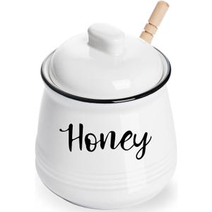 HAOTOP Farmhouse Porcelain Honey Jar with Dipper and Lid Set 12oz,Easy to Clean (White)