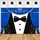 Tuxedo Backdrop 10x6.5FT Blue Curtain Crown Gentleman Birthday Party Background for Photography, Father or Boss Birthday Party Decorations Banner