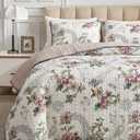 Flysheep 3 Pieces Quilt Set King Size, Beige Floral Reversible Bedspread Coverlet Set, Soft Microfiber Lightweight Bed Cover for All Season (102" x 90", 1 Quilt+ 2 Pillow Shams)