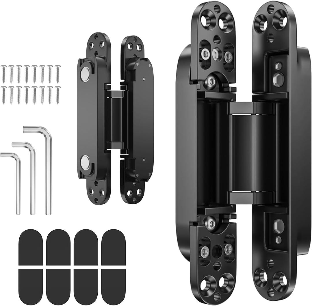 7" 2 pcs Hidden Hinges for Doors Invisible Hinges Concealed Zinc Alloy 180 Degree Swing 3 Way Adjustable Butt Silent Door Hinge 7 x 2.8 x 1 inch (Black