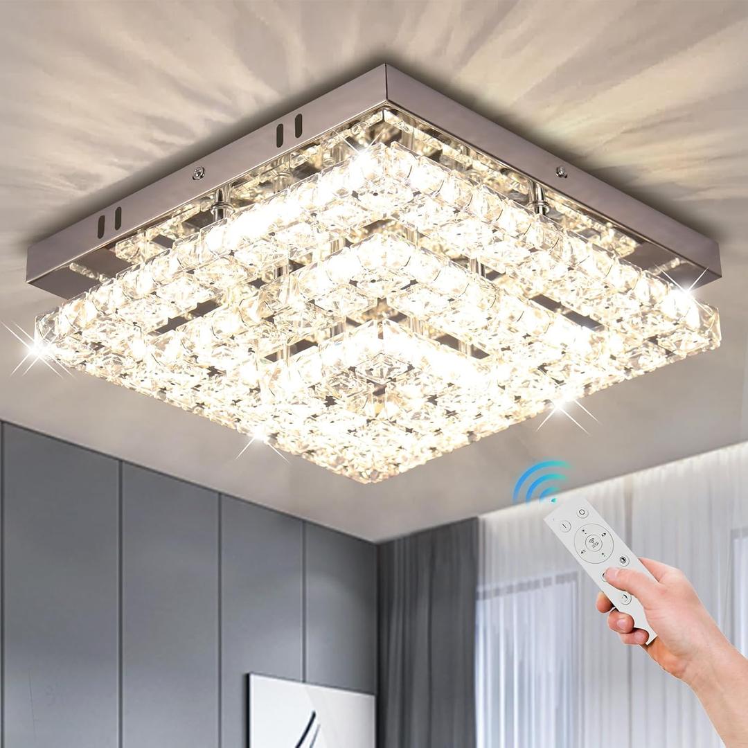 Crystal Chandeliers Crystal LED Ceiling Light 11.8" Square Flush Mount Modern Chandelier Ceiling Lights Fixtures for Bedroom Dining Room Hallway Dimmable by Remote Control
