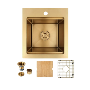 LQS 16" x 18" Gold Drop in Bar Sink, Deep 16 Gauge Stainless Steel Small Single Bowl Workstation Kitchen Sink with Cutting Board, Sink Drain Strainer and Grids