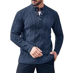 Gafeng Mens Mock Neck Pullover Sweater Casual Slim Fit Cable Knit Button Up Thermal Lightweight Winter Sweaters Knitwear Navy Blue XXL