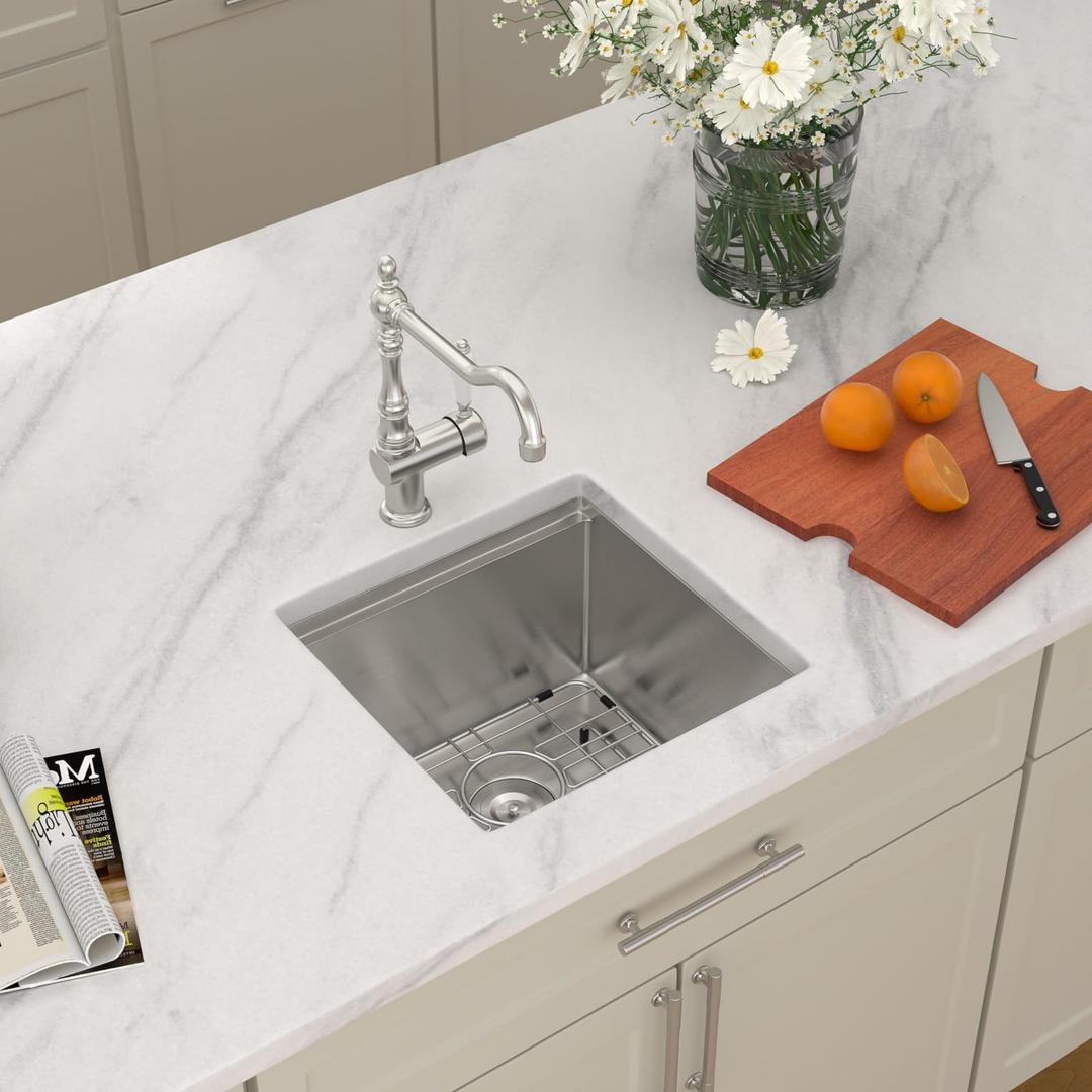 Dcolora 17"x17" Square Undermount Bar Sink Workstation with Full Size Cutting Board, 16 Gauge 304 Stainless Steel Small Kitchen Sink, Prep Sink for Bar, 17"x17"x10" #DC-U2201