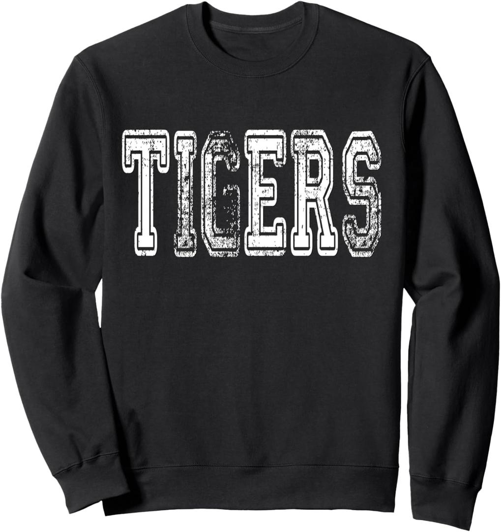 Tigers Mascot Distressed Vintage School Sports Name Fan Sweatshirt (Black)