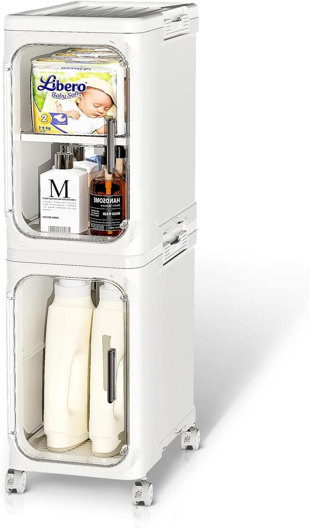 JOYZAN Narrow Bathroom Storage Cabinet with Movable Wheels, Slim Storage Cabinet with 2 Doors & Removable Panel, Skinny Bathroom Organizers and Storage for Small Space, Corner, Kitchen, Laundry
