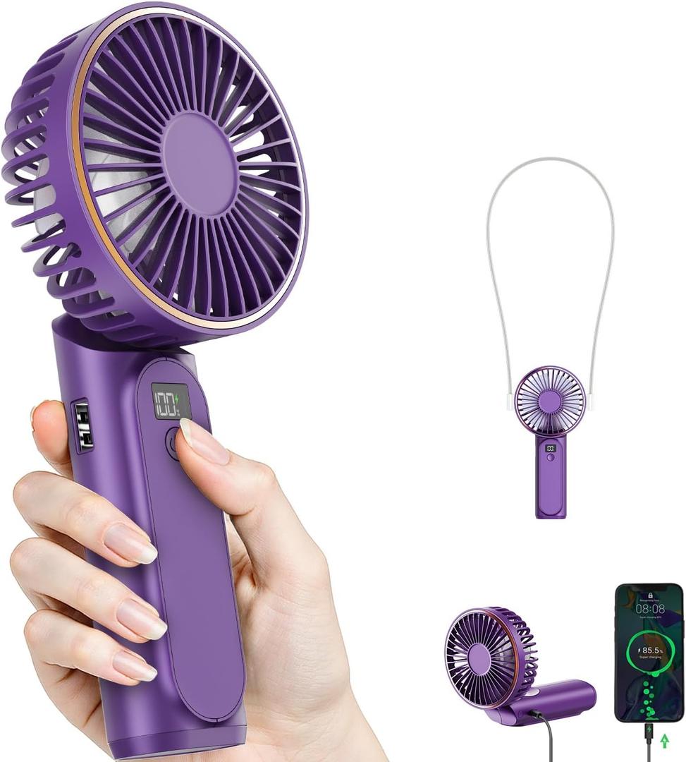 Portable Handheld Fan, 4000mAh, 180 Adjustable, 6 Speed Wind, USB Rechargeable Foldable Fan with Real-Time Electricity Display (Purple)