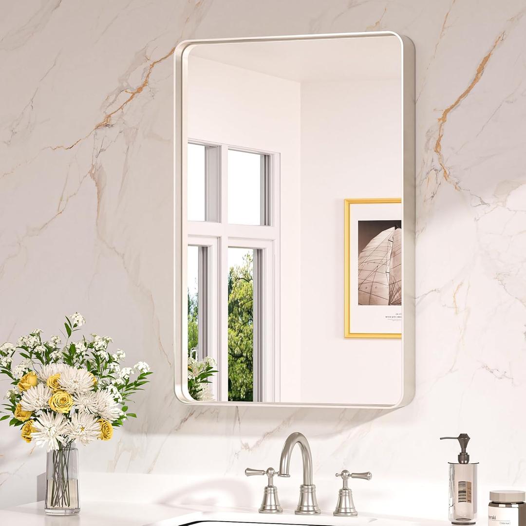 Keonjinn 20 x 30 Inch Brushed Nickel Bathroom Mirrors for Over Sink, Rounded Rectangle Silver Bathroom Vanity Mirror, Farmhouse Mirror for Wall, HD Tempered Glass, Seamless Aluminum Alloy Frame Mirror