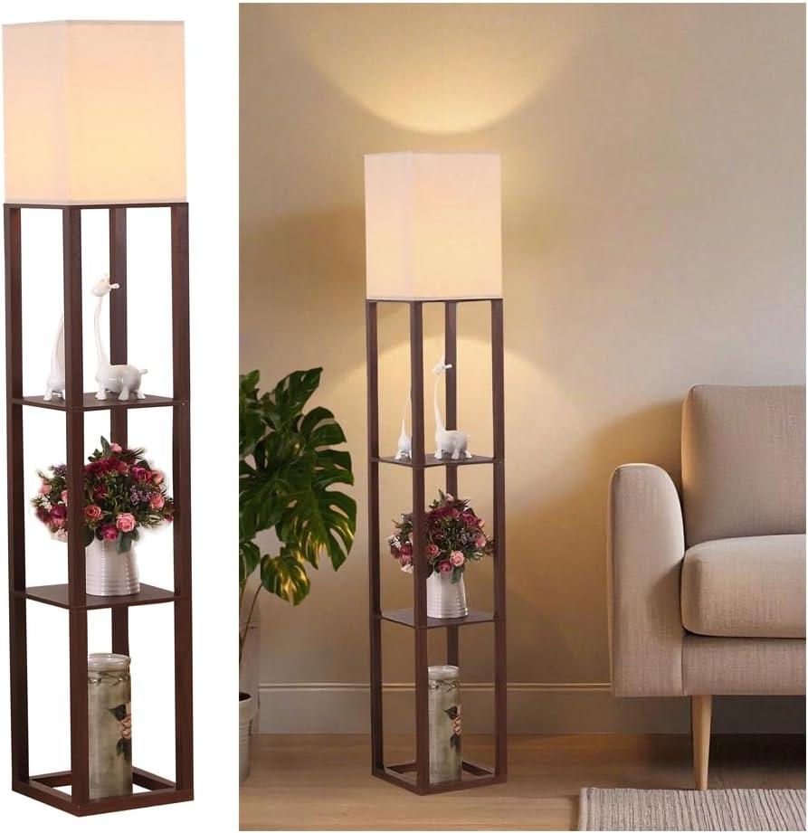 HomeFocus - Floor Lamp with Shelves, Shelf Floor Light with LED Bulb, Modern Wood Shelf Standing Lamp, Corner Display Floor Lamp for Living Room, Bedroom, Office, Linen White Shade, Wood, Brown.