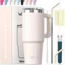 30 oz Tumbler with Handle,Tumbler with Lid and Straw,Double Wall Insulated Cup Stainless Steel Travel Mug(Cold for 34 Hours),Water Bottle for Iced Tea,Coffee,Cold Beverages(Ivory Beige)