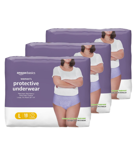 Amazon Basics Incontinence & Postpartum Underwear for Women, Maximum Absorbency, Large, 54 Count, 3 Packs of 18 