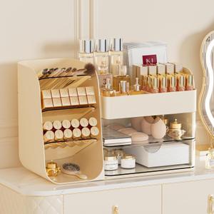 Makeup Organizer with Drawers,Large Capacity Countertop Organizer for Vanity,Bathroom and Bedroom Desk Cosmetics Organizer,Easy To Storage Skincare,Brushes, Eyeshadow,Lipstick (Cream, Large)