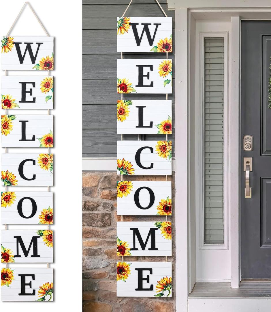 Threan 59 Inch Sunflower Welcome Sign Wooden Porch Sign 3D Welcome Hanging Wall Signs with 7 Sunflower Panels Farmhouse Front Porch Summer Outdoor Decor Rustic Wooden Signs for Home Kitchen Garden