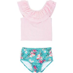 RuffleButts Girls UPF50+ Sun Protection One Shoulder Ruffle Tankini Two Piece Swimsuit (3-6 Months, Fancy Me Floral)