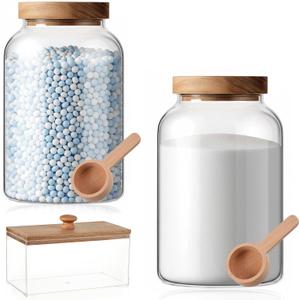 2 Pcs Half Gallon Glass Laundry Storage Containers Jars Set 1 Pcs Acrylic Dryer Sheet Holder Laundry Pods Container with Acacia Lid 2 Spoon for Detergent Powder Scent Beads Bath Bombs Salt