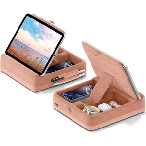 KDD Tablet Pillow Stand with Storage, Foldable iPad Holder for Bed, Lap and Desk, Angle Adjustable Soft Pad Dock with Stylus Mount Compatible with iPad Pro 12.9, 10.5, 11, Air, Mini, Phones, Books (Peach Fuzz)