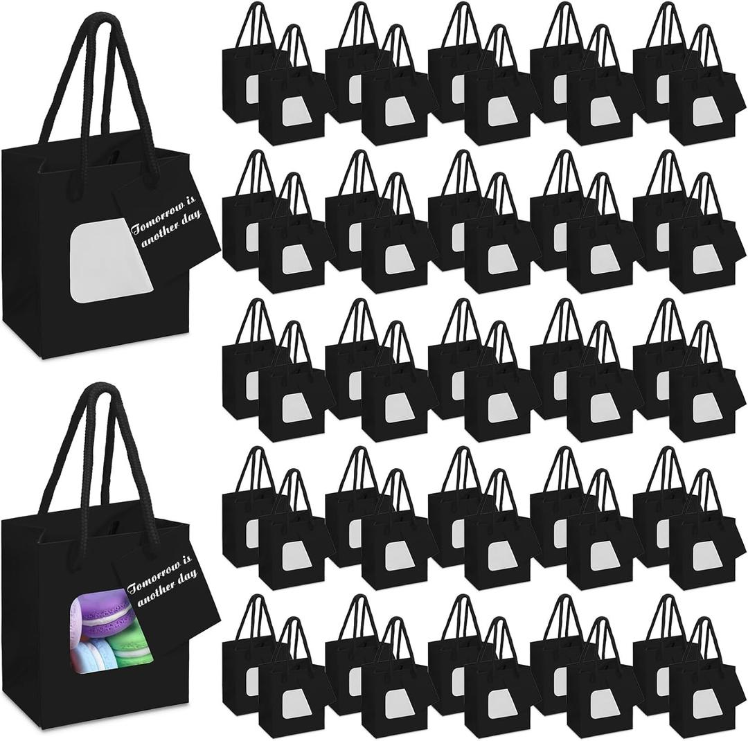 Fuutreo 50 Pcs Black Kraft Paper Gift Bags with Window 4 x 2.75 x 4.5 In, Handles & Tags for Wedding, Valentine's, Mother's Day Gift Wrap