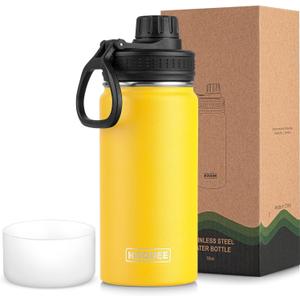 koodee Water Bottle-16 oz Stainless Steel Double Wall Vacuum Insulated Wide Mouth Water Bottle for Back to School-Reusable Metal Flask with Leakproof Spout Lid (Yellow)