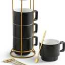 Stackable Coffee Mugs with Stand, 11oz Ceramic Latte Cup Set of 4 for Espresso Cappuccino Tea Hot Cocoa, Dishwasher & Microwave Safe, Black