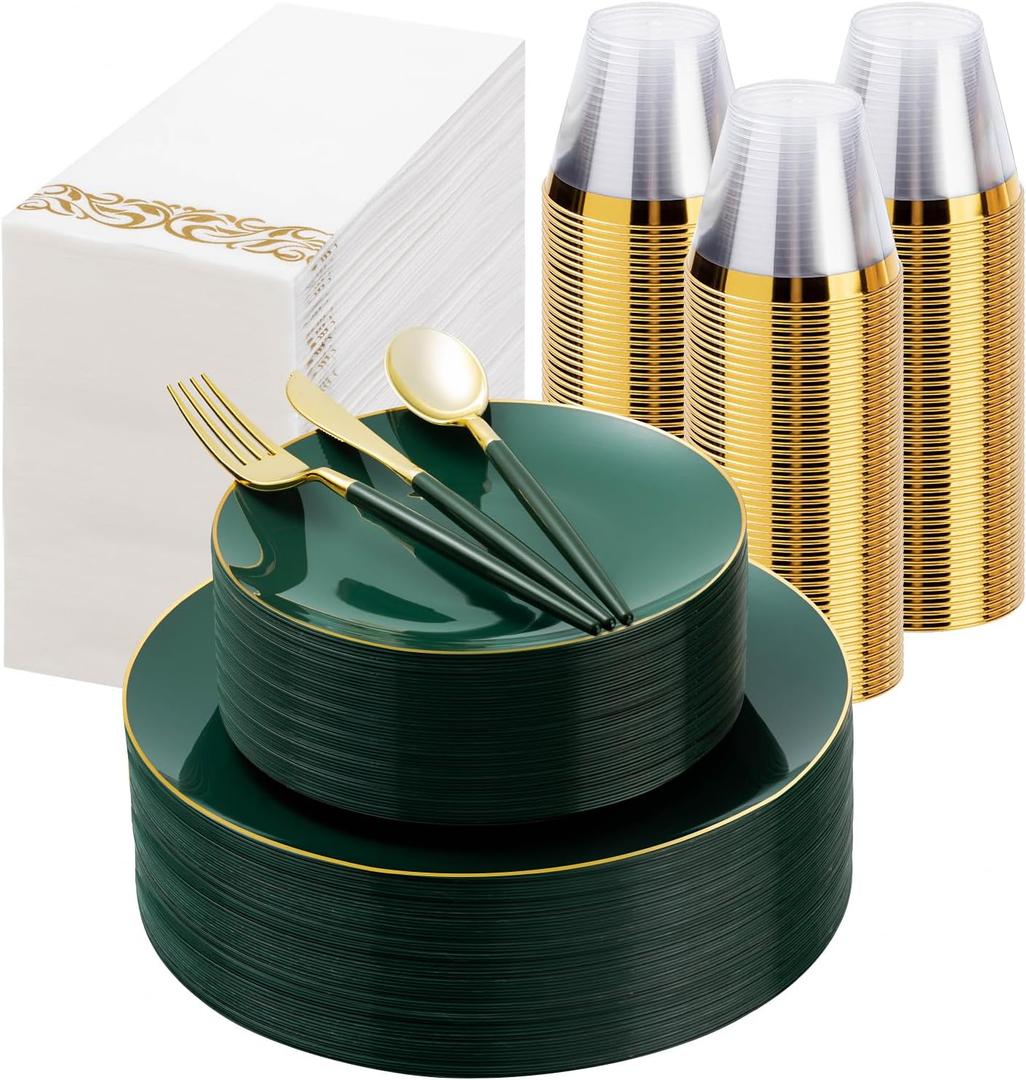 350 Pieces Green Gold Plastic Dinnerware Set, Gold Disposable Plates for Party, Include 100 Green Plates with 150 Plastic Cutlery, 50 Napkins and 50 Cups