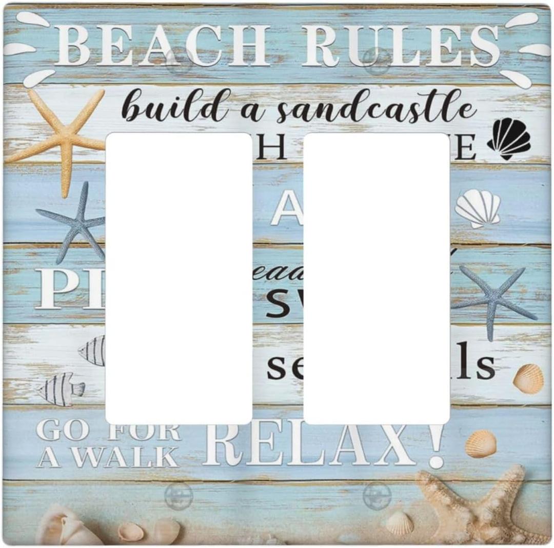 Decorative Outlet Covers Beach Rules Starfish Rustic Blue Grey Wood Board 2 Gang Wall Plate Double Rocker Decora Light Switch Cover Plate Jumbo Dual Electrical Faceplate GFCI Plug (2-Gang Rocker /4.6 x 4.5 IN)